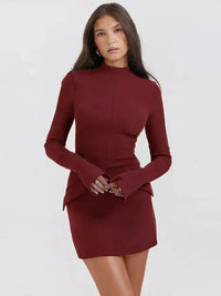 Damen Langarm Mini Etui Kleid in Bordeaux
