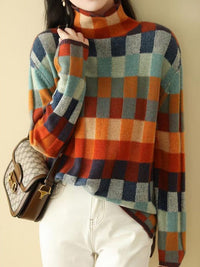 Bunte Damen Rollkragenpullover mit Karomuster – Weicher Strickpullover für Herbst und Winter in Mehrfarbig
