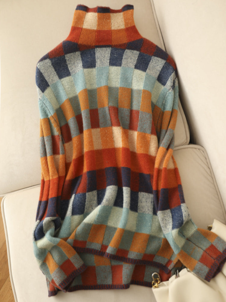 Bunte Damen Rollkragenpullover mit Karomuster – Weicher Strickpullover für Herbst und Winter