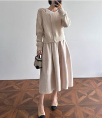Damen Stylische, luftige 3/4-Arm Strickjacke und Midikleid Kombination Nord Taschen in Beige