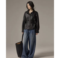 Damen Hemdjacke aus Lederoptik mit tailliertem Gürtel Nord Taschen in Schwarz