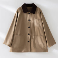 Damen Oversized Baumwoll-Utility-Jacke mit Kontrastkragen und aufgesetzten Taschen Nord Taschen in Kamel