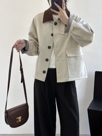 Damen Kurzjacke im Worker-Stil mit Cordkragen und aufgesetzten Pattentaschen Nord Taschen in Ecru