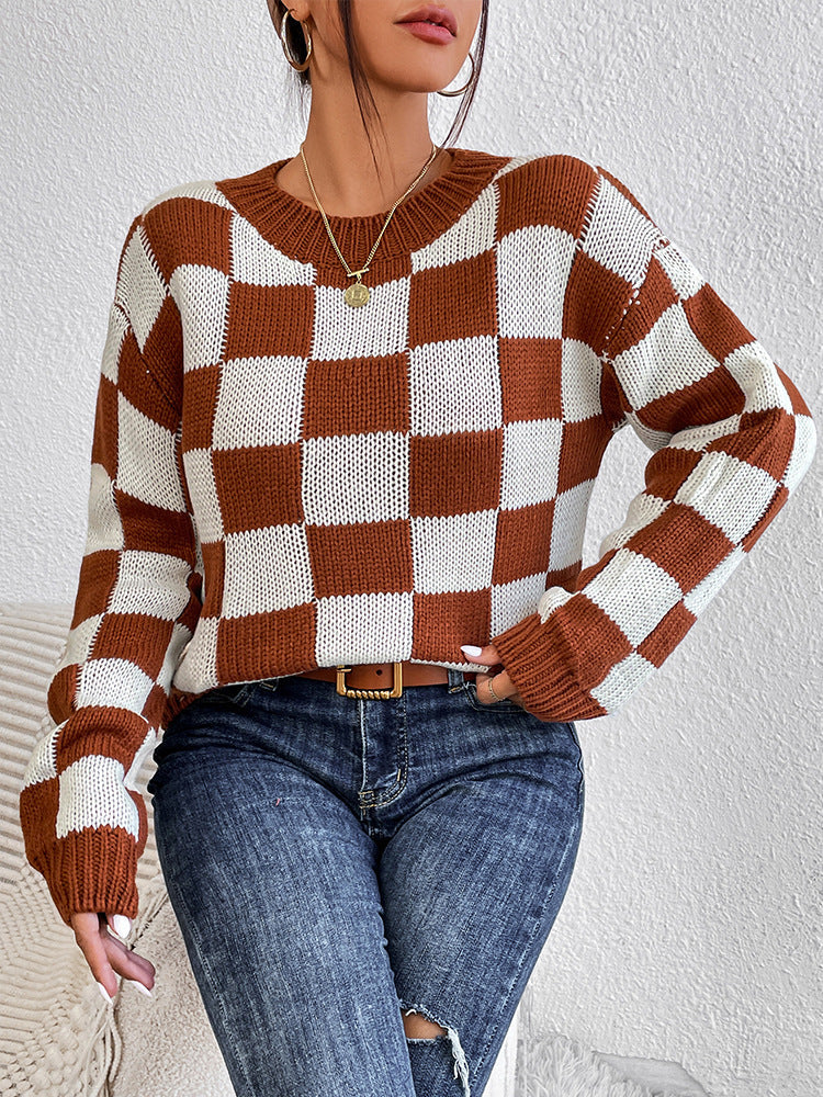 DAME KARIERTER RUNDHALS LANGARMPULLOVER | MODISCHER, BEQUEMER, VIELSEITIGER