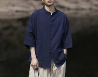 Herren Oversize Hemd im Kimono-Stil aus Leinen-Baumwollmix mit Stehkragen Nord Taschen in Dunkelblau