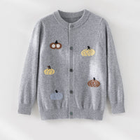 Damen Strickjacke mit Intarsia-Kürbismotiven, Rundhalsausschnitt und Knopfleiste Nord Taschen in Grau