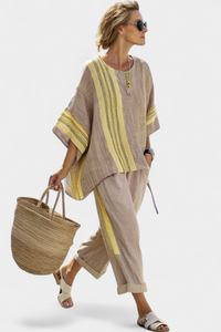 Isla | Elegantes Lavendel-Top & Senfgelb gestreifte Hose in Gelb