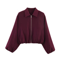 Damen Cropped Bomberjacke mit Ballonärmeln, elastischem Saum und Reverskragen Nord Taschen in Weinrot