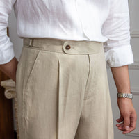 Herren Leinenhose mit hoher Taille, Bundfalten und verstellbarem Seitenriegel Nord Taschen in Khaki