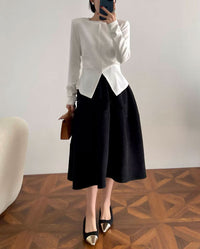 Damen Stylische, luftige 3/4-Arm Strickjacke und Midikleid Kombination Nord Taschen in Schwarz