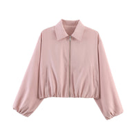 Damen Cropped Bomberjacke mit Ballonärmeln, elastischem Saum und Reverskragen Nord Taschen in Pink
