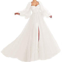 Damen Tüll Abendkleid mit voluminösen Ärmeln und seitlichem Schlitz in Weiß