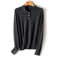 Damen Feiner Langarm-Polo-Pullover aus Feinstrick mit Knopfleiste Nord Taschen in Dunkelmeliertgrau