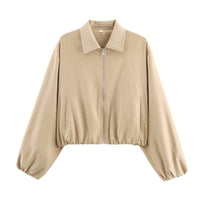 Damen Cropped Bomberjacke mit Ballonärmeln, elastischem Saum und Reverskragen Nord Taschen in Apricot