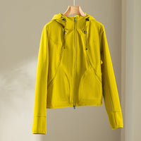 Damen Kapuzen-Softshelljacke mit Zwei-Wege-Reißverschluss und ergonomischer Schnitt Nord Taschen in Senfgrün (Jacke)