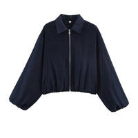 Damen Cropped Bomberjacke mit Ballonärmeln, elastischem Saum und Reverskragen Nord Taschen in Dunkelblau