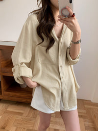Damen Lässiges Leinenoptik-Longshirt mit Oversize-Schnitt und Brusttasche Nord Taschen in Milchgelb