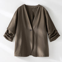 Damen Leichter Oversize-Blazer mit V-Ausschnitt, Ein-Knopf-Verschluss und gerafften Dreiviertelärmeln Nord Taschen in Brauner Anzug