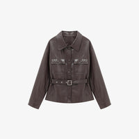 Damen Lederjacke im Oversize-Utility-Stil mit Taillengürtel Nord Taschen in Dunkelbraun