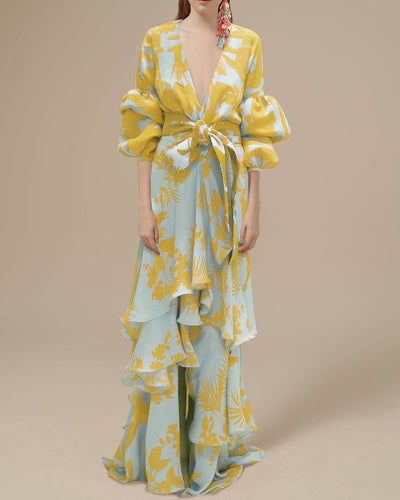 Damen Sommer-Maxi-Kleid mit tiefem V-Ausschnitt und Puffärmeln