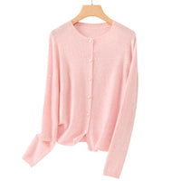 Damen Feiner Rundhals-Cardigan aus softem Feinstrick mit durchgehender Knopfleiste Nord Taschen in Rosa Blüten