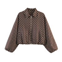 Damen Cropped Bomberjacke mit Ballonärmeln, elastischem Saum und Reverskragen Nord Taschen in Braun gepunktet