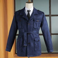 Herren Veloursleder-Safari-Jacke mit Taillengürtel und Pattentaschen Nord Taschen in Indigoblau