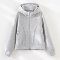 Damen Relaxed-Fleece-Hose mit hoher Taille, Tunnelzug und dekorativer Seitennaht Nord Taschen in Mittelgrau-Leinen (Oberteil)