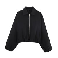 Damen Cropped Bomberjacke mit Ballonärmeln, elastischem Saum und Reverskragen Nord Taschen in Schwarz