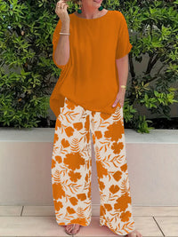 Damen Freizeit Zweiteiler mit Blumenmuster | Weite Hose in Orange