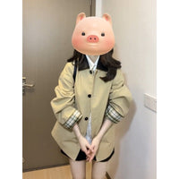 Damen Kurzer Swing-Trench mit Kontrastkragen, Ballonärmeln und kariertem Futter Nord Taschen in Khaki