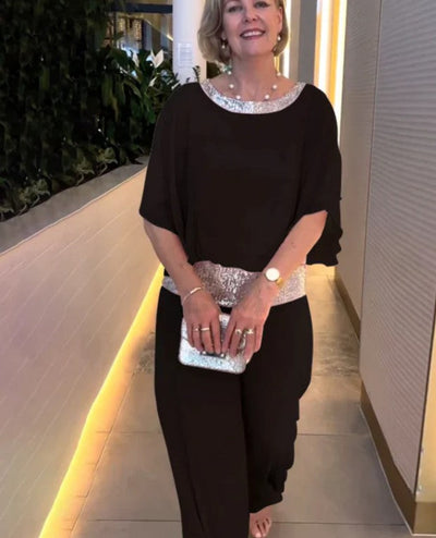 Perdita® | Maßgeschneiderte, weite Hose mit Rundhalsausschnitt und Pailletten in Colour-Block-Optik