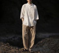 Herren Oversize Hemd im Kimono-Stil aus Leinen-Baumwollmix mit Stehkragen Nord Taschen in Weiß