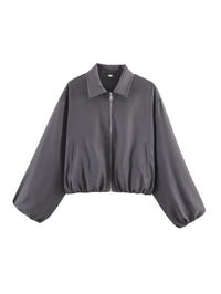 Damen Cropped Bomberjacke mit Ballonärmeln, elastischem Saum und Reverskragen Nord Taschen in Dunkelgrau