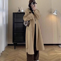 Damen Langer Oversize-Trenchcoat mit Ballonärmeln und Bindegürtel Nord Taschen in Khaki