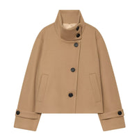 Damen Kurzgeschnittener Wollmantel mit hohem Stehkragen und geknöpften Manschetten Nord Taschen in Khaki