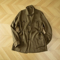 Damen Utility-Jacke aus Leinenmix mit Tunnelzug, Pattentaschen und Hemdkragen Nord Taschen in Olivgrün
