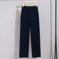Damen Breite Baumwoll-Frottee-Loungehose mit hohem Bund und Tunnelzug Nord Taschen in Navyblaue Hose