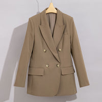 Damen Doppelreihiger strukturierter Blazer mit markantem Revers und Pattentaschen Nord Taschen in Kaffebraun-Kamel
