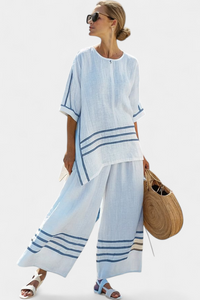 Adrielle | Elegantes gestreiftes asymmetrisches Oberteil & auffällige Hose in Blau