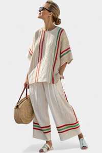 Mila | Bequeme Boho-Print-Bluse & Lockere Hose in Mehrfarbige Streifen