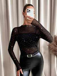 Damen nan transparentes Langarm-Netzshirt mit Strassapplikationen und integriertem Untertop in Schwarz