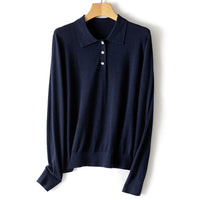 Damen Feiner Langarm-Polo-Pullover aus Feinstrick mit Knopfleiste Nord Taschen in Dunkelblau