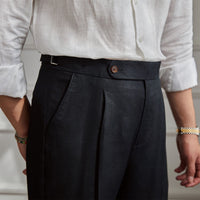 Herren Leinenhose mit hoher Taille, Bundfalten und verstellbarem Seitenriegel Nord Taschen in Schwarz