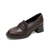 Damen Leder Slip-On-Pumps mit modischem Blockabsatz in Braun