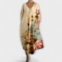 Fiona - Langes, farbenfrohes Kleid mit V-Ausschnitt in Beige