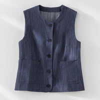 Damen Ärmellose leicht taillierte Weste aus Leinen-Denim mit Knopfleiste und aufgesetzten Taschen Nord Taschen in Blaues Gilet