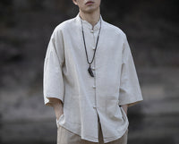 Herren Oversize Hemd im Kimono-Stil aus Leinen-Baumwollmix mit Stehkragen Nord Taschen in Beige