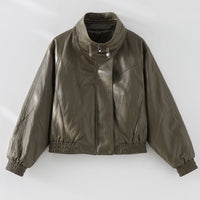 Damen Oversized Lederimitat-Bomberjacke mit Stehkragen und elastischem Saum Nord Taschen in Olivgrün