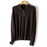 Damen Feiner Langarm-Polo-Pullover aus Feinstrick mit Knopfleiste Nord Taschen in Kaffee